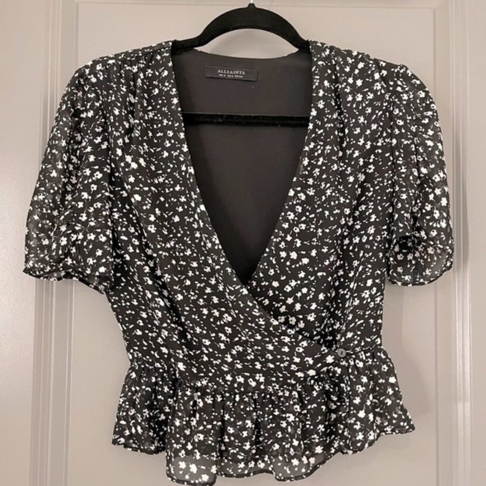 🌼 AllSaints Ilia Pippa Floral Peplum Wrap Top - Black & White - Size 2 🌼